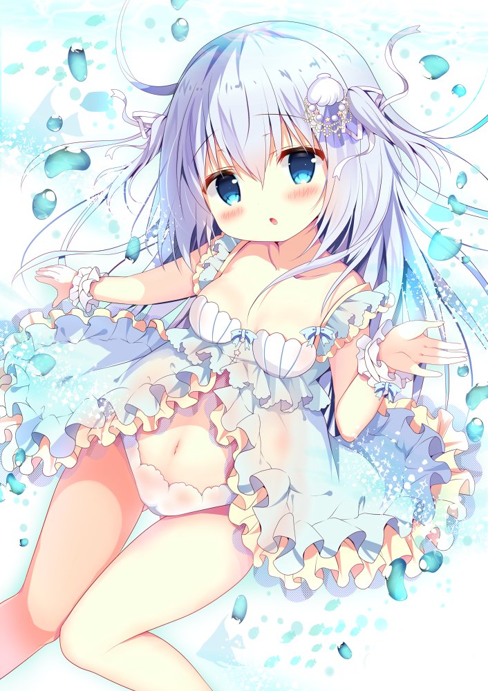 1girl azumi_kazuki babydoll blue_eyes blue_hair breasts droplet feet_out_of_frame gochuumon_wa_usagi_desu_ka? hair_down kafuu_chino long_hair looking_at_viewer navel panties scrunchie seashell shell small_breasts solo underwear white_panties wrist_scrunchie