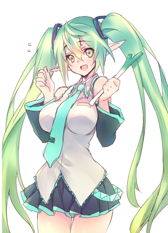 breasts detached_sleeves elf elsword eyebrows_visible_through_hair green_eyes green_hair hatsune_miku large_breasts necktie pointy_ears rena_(elsword) smile spring_onion twintails vocaloid wanko_(takohati8)