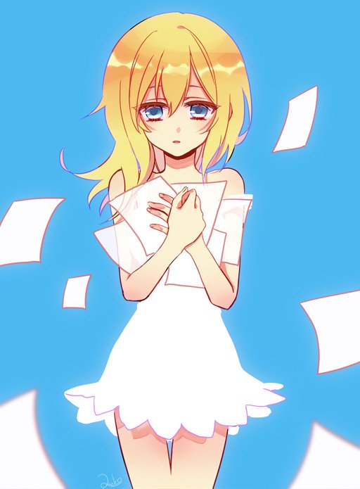 1girl anoko_(darenokoanoko) bangs bare_arms bare_shoulders blonde_hair blue_background blue_eyes cowboy_shot dress hair_between_eyes kingdom_hearts long_hair looking_at_viewer namine open_mouth paper short_dress solo strap_slip thigh_gap white_dress