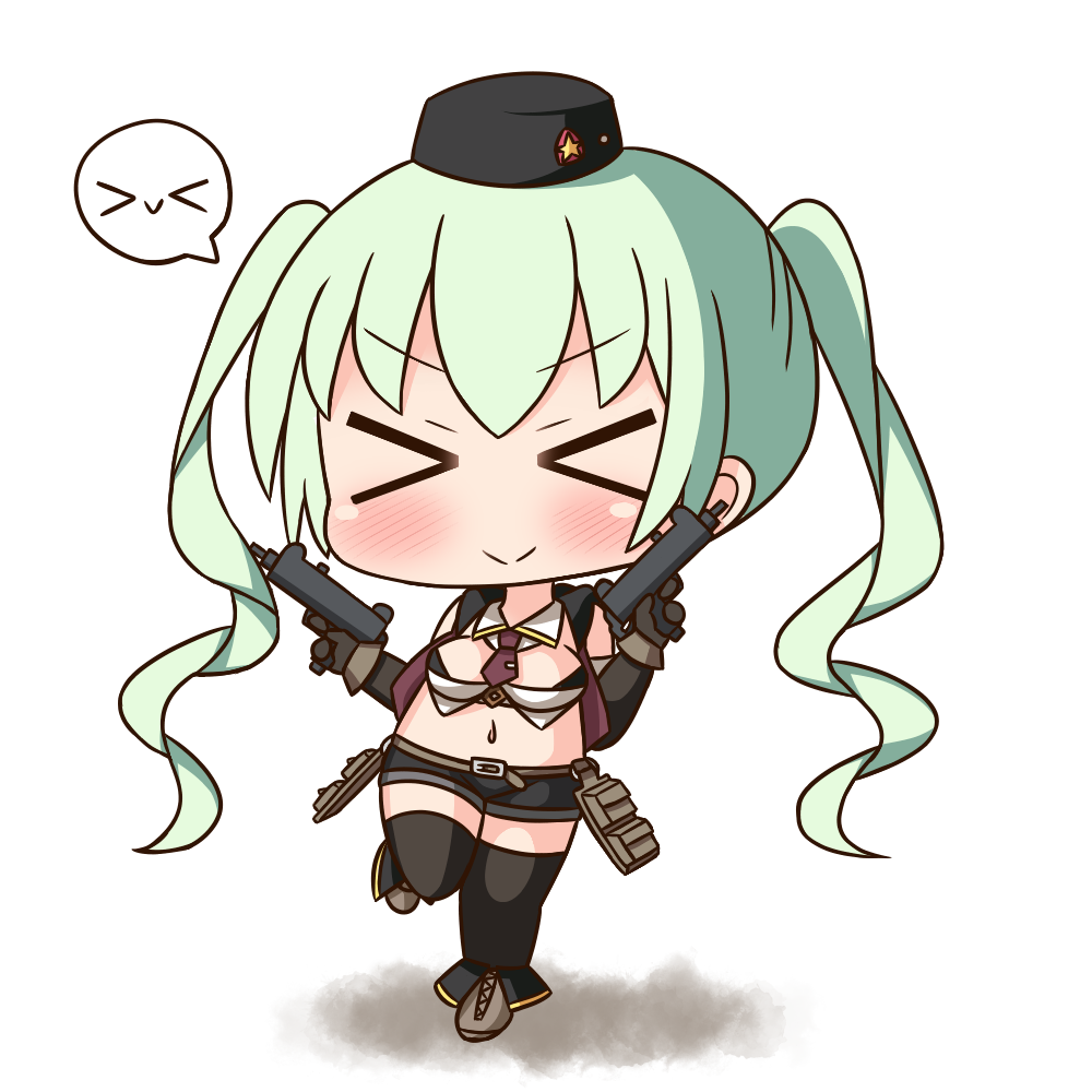 &gt;_&lt; 1girl bangs black_hat black_legwear black_shorts black_vest blush boots breasts brown_footwear brown_gloves brown_neckwear chibi closed_mouth detached_sleeves dual_wielding eyebrows_visible_through_hair facing_viewer girls_frontline gloves green_hair gun hair_between_eyes hana_kazari hat holding holding_gun holding_weapon imi_uzi long_hair long_sleeves medium_breasts micro_uzi_(girls_frontline) midriff mini_hat navel necktie short_necktie short_shorts shorts smile solo spoken_expression standing standing_on_one_leg star submachine_gun thigh-highs twintails v-shaped_eyebrows very_long_hair vest weapon white_background