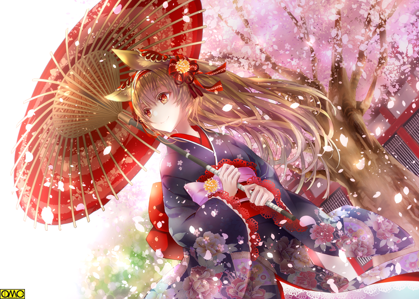 1girl animal_ears architecture brown_hair cherry_blossoms copyright_name day dutch_angle east_asian_architecture floral_print japanese_clothes kimono looking_to_the_side omc outdoors parasol red_eyes smile solo spring_(season) standing tree umbrella watermark yuzu_5101