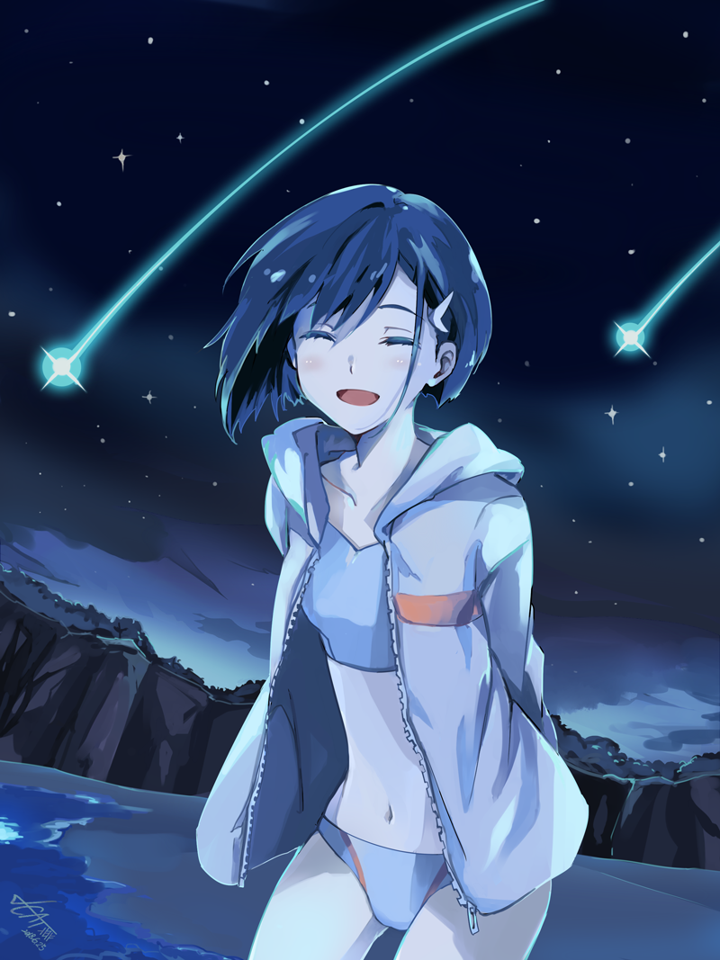 1girl :d ^_^ bangs beach bikini blue_bikini blue_hair blue_swimsuit blush breasts closed_eyes closed_eyes clouds collarbone commentary copyright_name darling_in_the_franxx dated eyebrows_visible_through_hair ha_neko hair_ornament hairclip happy horizontal_stripes ichigo_(darling_in_the_franxx) leaning_forward midriff navel night night_sky ocean open_mouth revision sand shooting_star short_hair signature sky small_breasts smile solo standing star_(sky) stomach striped striped_hoodie swimsuit thighs tree unzipped white_hoodie