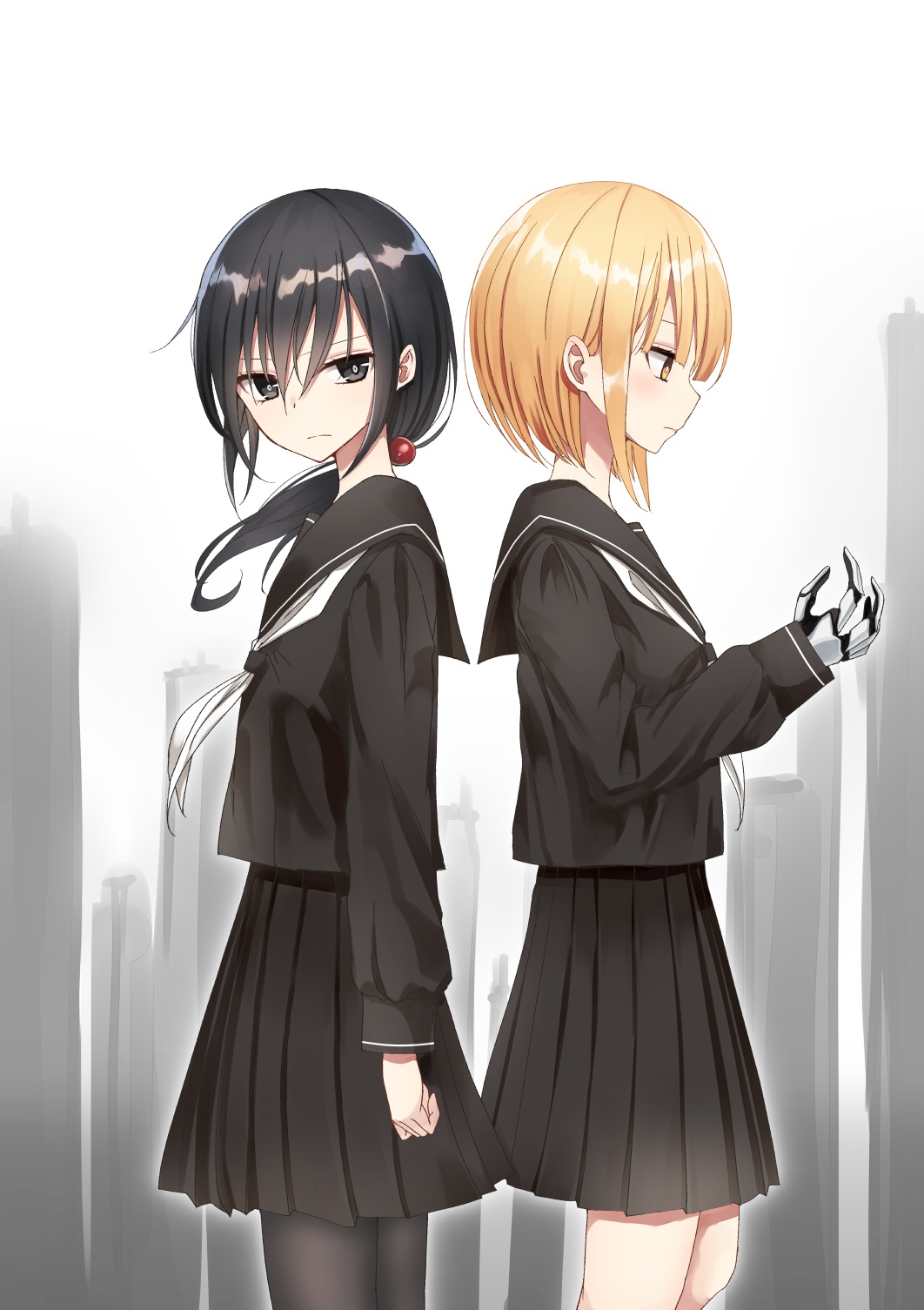 2girls back-to-back black_eyes black_hair black_legwear black_serafuku black_skirt blonde_hair commentary_request frown hair_bead highres long_hair looking_at_viewer low_ponytail mechanical_arm multiple_girls original pantyhose piripun pleated_skirt profile school_uniform serafuku short_hair skirt yellow_eyes