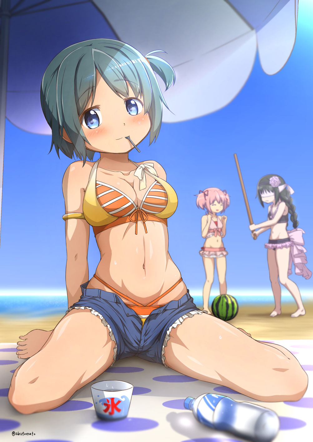 3girls abutomato akemi_homura alternate_hairstyle bare_shoulders beach beach_umbrella bikini bikini_under_clothes black_bikini black_hair blindfold blue_eyes blue_hair blurry blurry_background blush bottle braid commentary_request day flower food frilled_bikini frills fruit hair_flower hair_ornament highres kaname_madoka long_hair looking_at_viewer mahou_shoujo_madoka_magica miki_sayaka multiple_girls navel orange_bikini outdoors pink_bikini pink_hair ponytail shaved_ice shiny shiny_hair shiny_skin short_hair short_shorts short_twintails shorts side_ponytail spoon spoon_in_mouth suikawari swimsuit twintails umbrella water_bottle watermelon