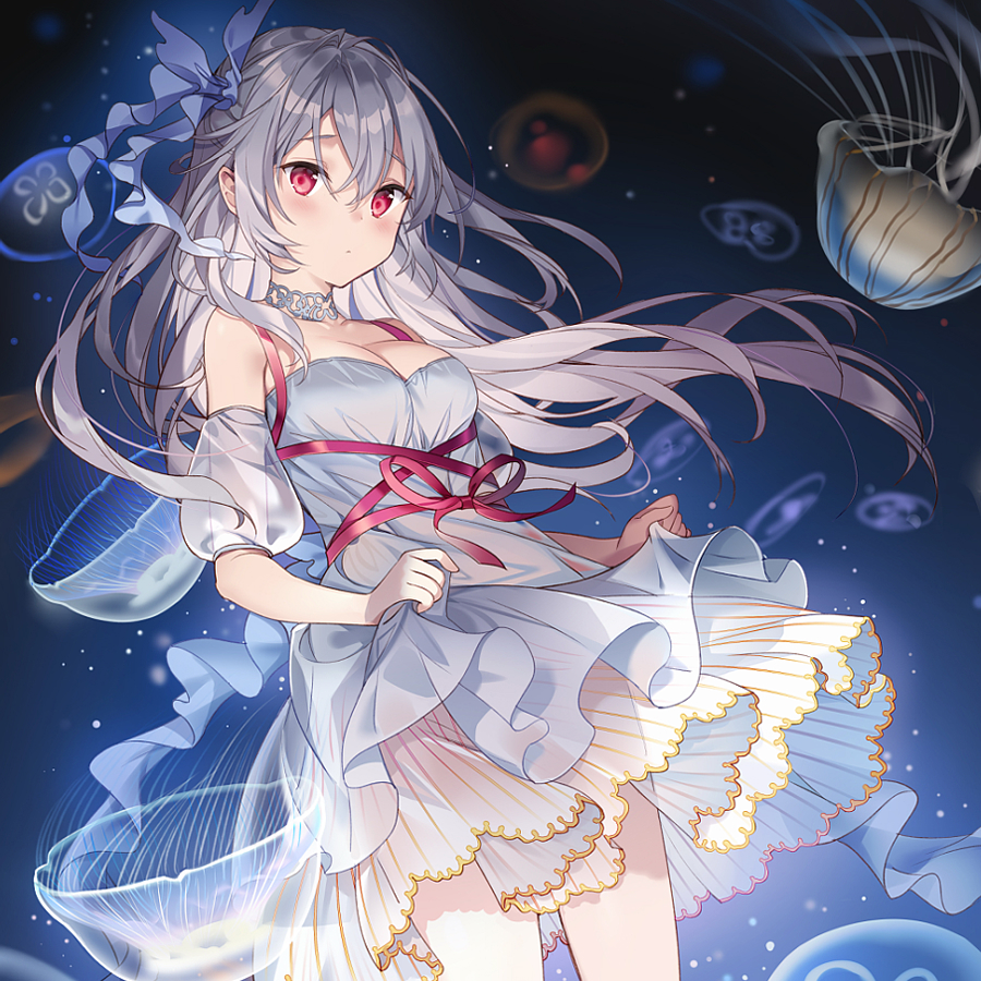 1girl bare_shoulders blush breasts collarbone commentary_request dress hair_between_eyes hair_ribbon jellyfish long_hair looking_at_viewer medium_breasts original red_eyes ribbon rie_(reverie) silver_hair solo strapless strapless_dress underwater white_dress