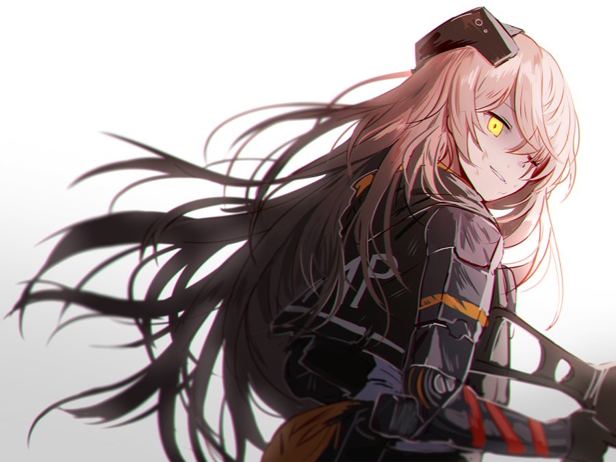 1girl bangs brown_hair clothes_writing damaged digi-mind_update_(girls_frontline) dirty eyebrows_visible_through_hair floating_hair from_side girls_frontline gloves gradient gradient_background gun h&amp;k_ump h&amp;k_ump45 hair_between_eyes hair_ornament headgear heckler_&amp;_koch holding holding_gun holding_weapon jacket long_hair looking_at_viewer one_eye_closed one_side_up parted_lips prosthesis prosthetic_arm scar scar_across_eye silence_girl simple_background smile submachine_gun torn_clothes twintails ump45_(girls_frontline) weapon wind wind_lift yellow_eyes