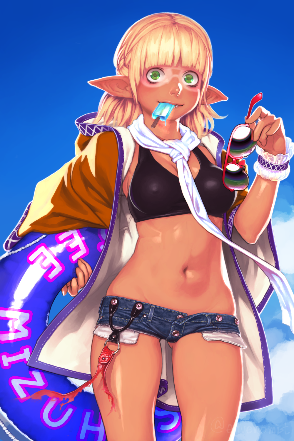 1girl accessory_tan adapted_costume artist_name ass_visible_through_thighs bangs black_sports_bra blonde_hair blue_sky blunt_bangs breasts brown_jacket cleavage clouds commentary_request covered_nipples cowboy_shot day denim denim_shorts food food_in_mouth gengoroumaru_(ambidextrous) green_eyes hand_up highres holding holding_eyewear hood hooded_jacket innertube jacket long_sleeves looking_at_viewer medium_breasts midriff mizuhashi_parsee mouth_hold navel open_clothes open_jacket outdoors pointy_ears popsicle red-framed_eyewear scarf shiny shiny_skin short_hair short_shorts shorts sky smile solo sports_bra standing stomach sunglasses tan tanline thighs touhou twitter_username white_scarf wide_sleeves wrist_cuffs