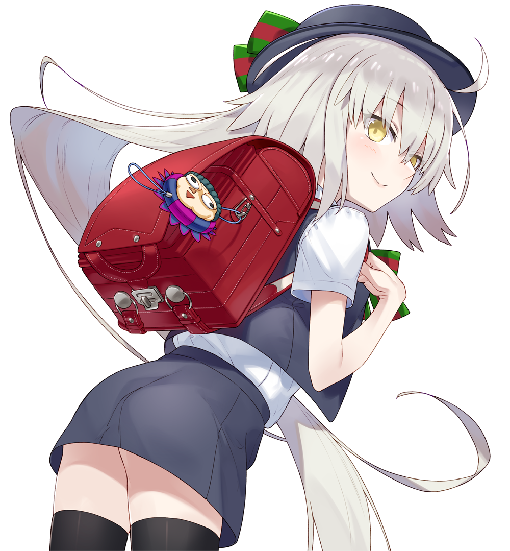 ahoge backpack bag bangs black_legwear blue_hat blue_skirt blue_vest blush bow caster_(fate/zero) closed_mouth commentary_request crime_prevention_buzzer eyebrows_visible_through_hair fate/grand_order fate_(series) green_bow hair_between_eyes hat hat_bow hayashi_kewi jeanne_d'arc_(fate)_(all) jeanne_d'arc_alter_santa_lily long_hair looking_at_viewer looking_back randoseru shirt short_sleeves silver_hair skirt smile striped striped_bow thigh-highs very_long_hair vest white_shirt yellow_eyes