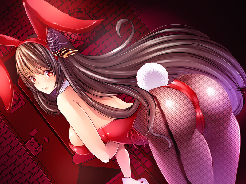 1girl animal_ears ass bar bare_shoulders black_hair bow bowtie breasts brown_legwear bunny_girl bunny_tail bunnysuit dartboard darts detached_collar door fake_animal_ears fishnet_pantyhose fishnets fusou_(kantai_collection) hair_ornament headgear kantai_collection leotard long_hair looking_at_viewer looking_back maki_(seventh_heaven_maxion) medium_breasts pantyhose rabbit_ears red_eyes red_leotard solo strapless strapless_leotard table tail wrist_cuffs