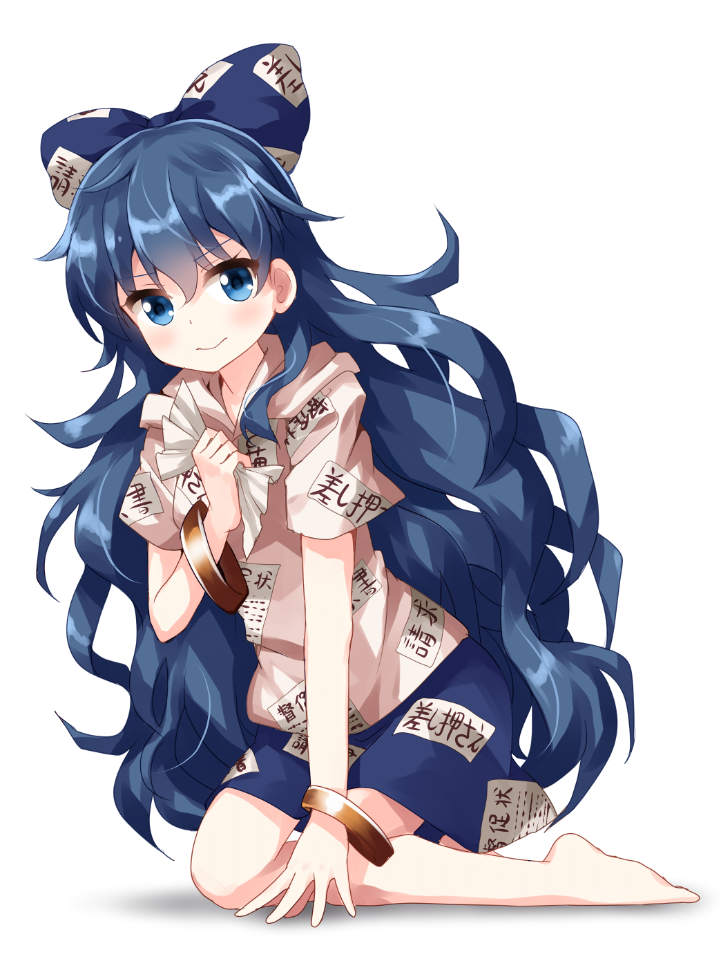 1girl 3: arm_support bangle barefoot blue_bow blue_eyes blue_hair blue_skirt blush bow bracelet breasts commentary_request debt eyebrows_visible_through_hair grey_hoodie hair_between_eyes hair_bow hand_up highres holding holding_paper hood hoodie jewelry kneeling long_hair looking_at_viewer miniskirt paper ruu_(tksymkw) shadow short_hair short_sleeves simple_background skirt solo touhou v-shaped_eyebrows very_long_hair white_background yorigami_shion