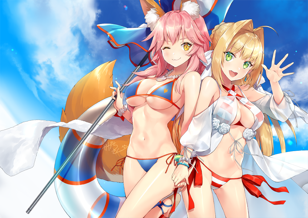 2girls :d ahoge animal_ear_fluff animal_ears beach_umbrella bikini blonde_hair blue_bikini bow bracelet braid breasts closed_mouth closed_umbrella clouds criss-cross_halter fate/grand_order fate_(series) flower fox_ears fox_tail green_eyes hair_bow hair_intakes halterneck hand_holding holding holding_umbrella innertube jewelry kagachi_saku long_hair looking_at_viewer multiple_girls nero_claudius_(fate)_(all) nero_claudius_(swimsuit_caster)_(fate) one_eye_closed open_mouth pink_hair revision see-through shirt signature sky smile standing standing_on_one_leg striped striped_bikini swimsuit tail tamamo_(fate)_(all) tamamo_no_mae_(swimsuit_lancer)_(fate) umbrella white_bow white_shirt yellow_eyes