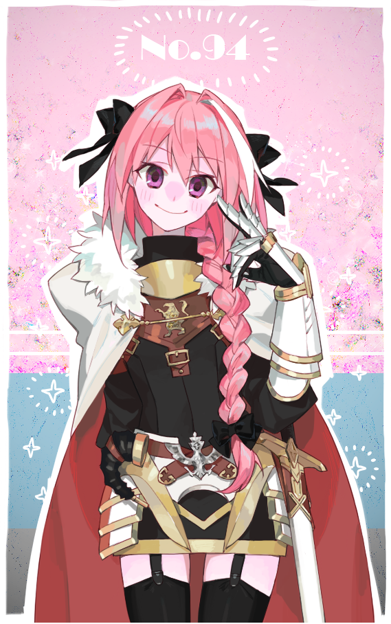 1boy armor astolfo_(fate) bangs belt black_bow black_legwear blush bow braid cape cowboy_shot fate/apocrypha fate/grand_order fate_(series) fur-trimmed_cape fur_trim garter_straps gauntlets hair_bow long_hair long_sleeves looking_at_viewer multicolored_hair pink_hair sara_(kurome1127) single_braid smile thigh-highs two-tone_hair v violet_eyes white_cape white_hair