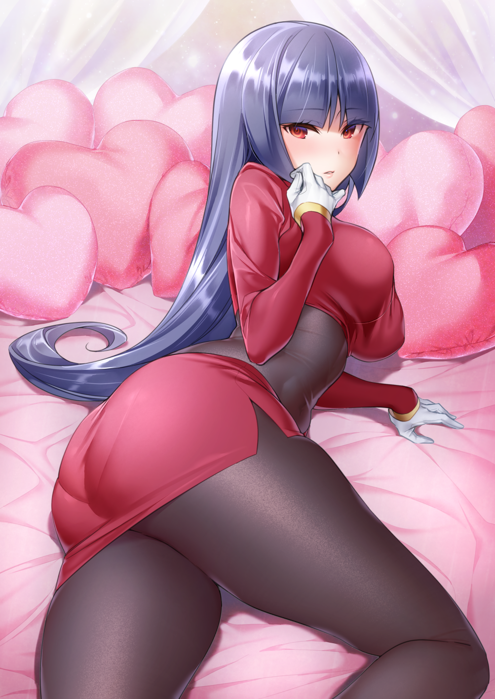 1girl arm_support ass bangs bed bed_sheet bedroom black_bodysuit blunt_bangs blush bodysuit bodysuit_under_clothes breasts cowboy_shot crop_top cropped_jacket curvy embarrassed from_above from_side gloves hand_up heart heart_pillow highres hips hizuki_akira huge_ass indoors jacket large_breasts laying lips long_hair long_sleeves looking_at_viewer lying messy miniskirt natsume_(pokemon) on_bed on_side pantylines parted_bangs parted_lips pillow pink_pillow pokemon pokemon_(game) pokemon_frlg purple_hair purple_jacket purple_skirt red_eyes red_pillow sabrina side_slit skin_tight skirt solo spread_legs straight_hair thick_thighs thighs transparent valentine very_long_hair white_gloves wide_hips