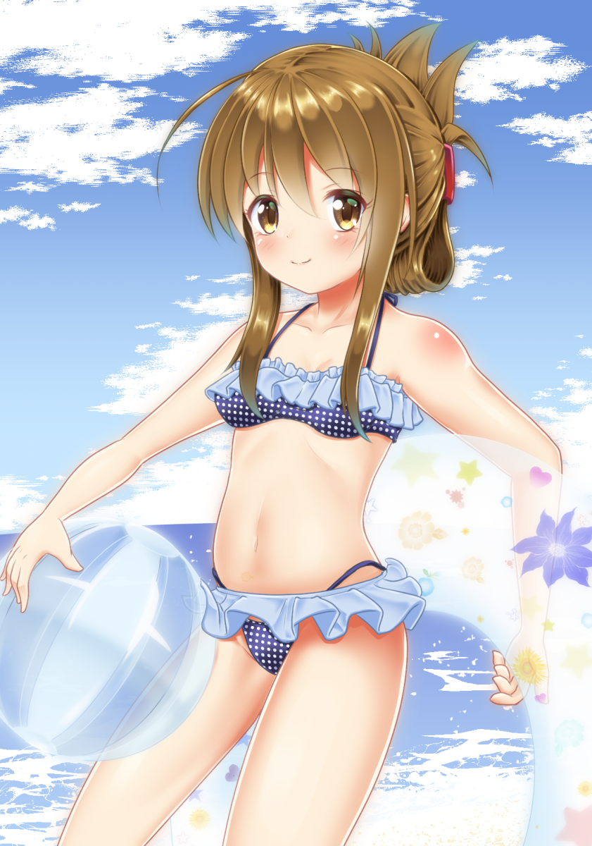 1girl air_(alanais) ball beach beachball bikini blue_bikini blue_sky brown_eyes brown_hair clouds cowboy_shot day folded_ponytail highres horizon inazuma_(kantai_collection) innertube kantai_collection long_hair ocean outdoors polka_dot polka_dot_bikini sky smile solo swimsuit unmoving_pattern