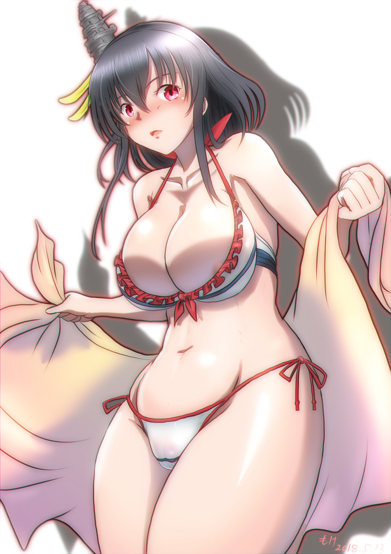 1girl bikini black_hair blush breasts commentary_request embarrassed hair_ornament kantai_collection large_breasts mokerou open_mouth red_eyes sarong_removed shadow short_hair side-tie_bikini solo swimsuit white_background white_bikini yamashiro_(kantai_collection)