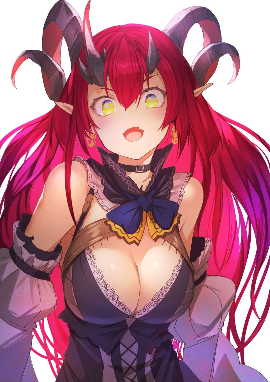 1girl bangs bare_shoulders black_choker blue_neckwear blush breasts choker cleavage curled_horns demon_girl demon_horns detached_sleeves dress earrings fang gradient_hair grey_dress highres horns jewelry juliet_sleeves koruse large_breasts long_hair long_sleeves looking_at_viewer magrona magrona_channel multicolored_hair multiple_horns open_mouth pink_hair pointy_ears puffy_sleeves purple_hair simple_background upper_body virtual_youtuber wavy_hair white_background yellow_eyes