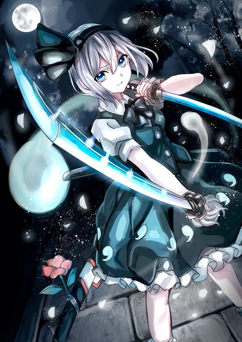 1girl black_bow black_hairband black_neckwear black_ribbon blue_eyes bow bowtie breasts commentary_request dual_wielding dutch_angle feet_out_of_frame flower full_moon green_skirt green_vest hair_between_eyes hair_ribbon hairband highres hitodama holding holding_sword holding_weapon jan_(lightdragoon) katana konpaku_youmu konpaku_youmu_(ghost) light_particles looking_at_viewer moon night night_sky outdoors petals petticoat pink_flower puffy_short_sleeves puffy_sleeves reverse_grip ribbon shirt short_hair short_sleeves silver_hair skirt sky small_breasts socks solo standing sword touhou tree v-shaped_eyebrows vest weapon white_legwear white_shirt wing_collar