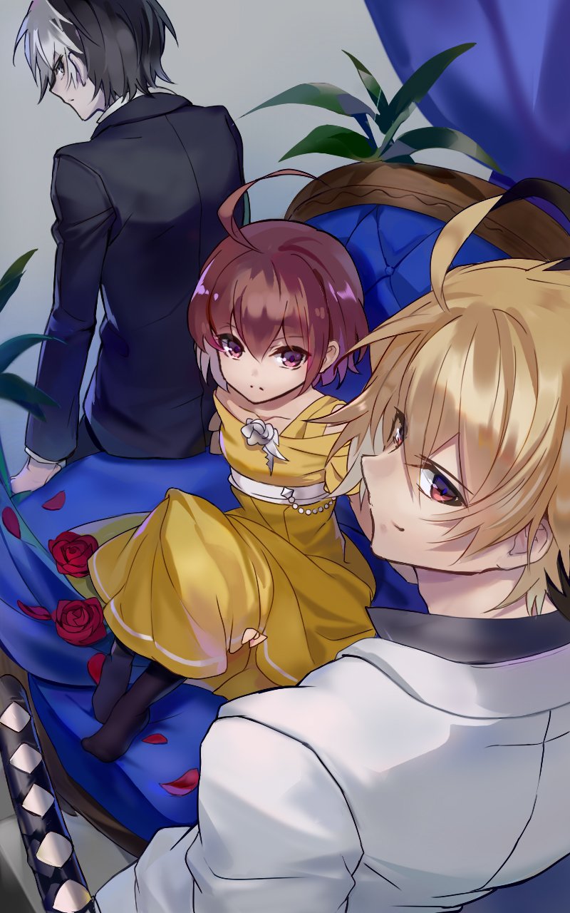 1girl 2boys ahoge alternate_costume armchair black_eyes black_hair black_legwear blonde_hair brown_eyes brown_hair chair collarbone curtains dress flower highres hyde_(under_night_in-birth) klllk knees_up linne multicolored_hair multiple_boys no_shoes off_shoulder pantyhose petals plant red_eyes rose rose_petals seth_(under_night_in-birth) short_hair single_strap sitting sword two-tone_hair under_night_in-birth weapon white_hair yellow_dress