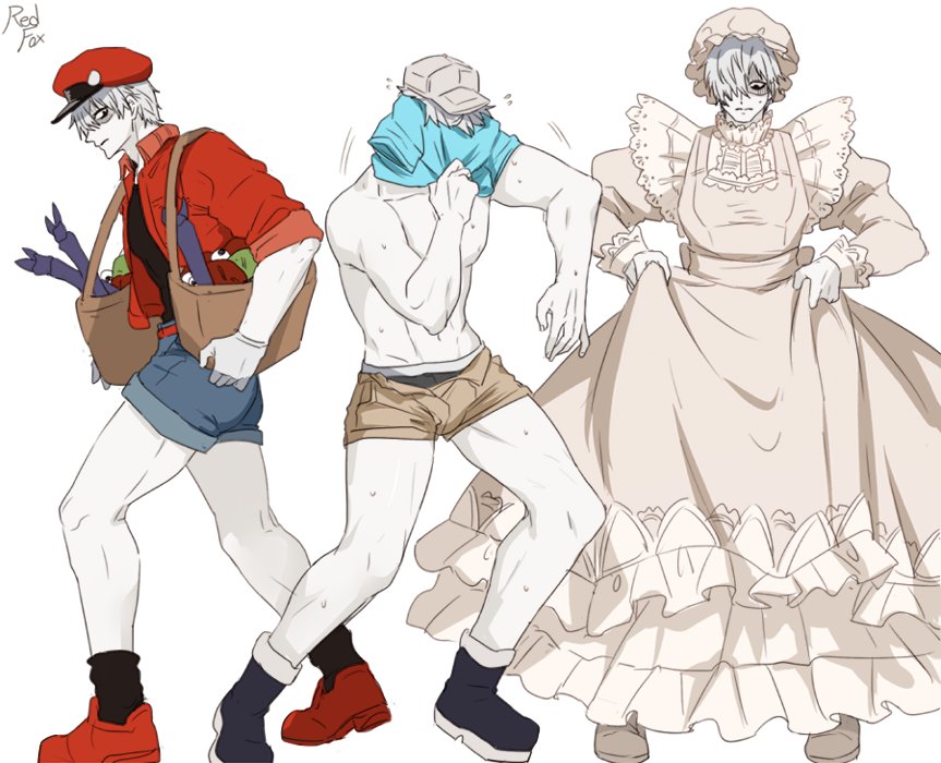 1boy black_footwear bonnet boots cosplay crossdressinging denim denim_shorts dress frilled_dress frills hataraku_saibou jacket macrophage_(hataraku_saibou) macrophage_(hataraku_saibou)_(cosplay) maid male_focus military military_uniform muscle platelet_(hataraku_saibou) platelet_(hataraku_saibou)_(cosplay) red_blood_cell_(hatataku_saibou) red_blood_cell_(hatataku_saibou)_(cosplay) red_jacket redfox shorts signature u-1146 uniform white_blood_cell_(hataraku_saibou) white_hair white_skin