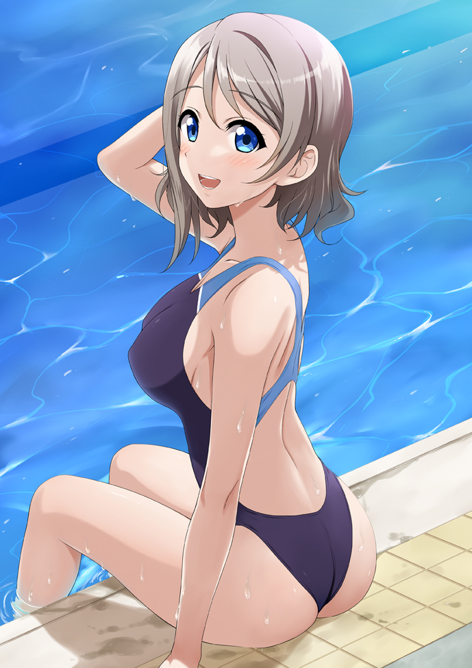 1girl ass back blue_eyes blue_swimsuit blush breasts brown_hair collarbone competition_swimsuit hand_to_own_head looking_at_viewer love_live! love_live!_sunshine!! medium_breasts miel_(lessontome) one-piece_swimsuit open_mouth pool poolside ripples short_hair sitting smile solo swimsuit wading watanabe_you water wet wet_clothes wet_swimsuit