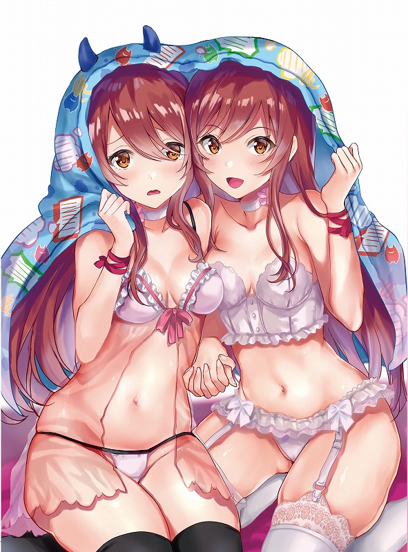 2girls babydoll bangs bare_shoulders black_legwear blanket blush bra breasts brown_hair choker cleavage collarbone commentary_request corset eyebrows_visible_through_hair fake_horns frilled_panties frills garter_belt hair_between_eyes hand_holding idolmaster idolmaster_shiny_colors lace lace-trimmed_thighhighs lingerie long_hair looking_at_viewer maumen medium_breasts multiple_girls navel oosaki_amana oosaki_tenka open_mouth panties pink_bra pink_panties ribbon see-through siblings simple_background sisters sitting smile thigh-highs twins underwear underwear_only white_background white_corset white_legwear white_panties wrist_ribbon yellow_eyes yokozuwari