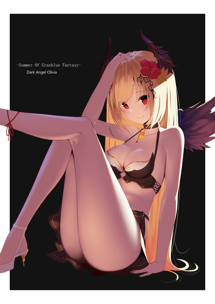 1girl arm_support arm_up bangs bare_arms bare_shoulders bikini black_bikini black_choker blonde_hair blush breasts character_name choker cleavage closed_mouth collarbone commentary_request copyright_name dark_angel_olivia eyebrows_visible_through_hair flower gin00 granblue_fantasy hair_between_eyes hair_flower hair_ornament hand_on_own_head head_tilt high_heels horns long_hair looking_at_viewer medium_breasts red_eyes red_flower shingeki_no_bahamut sitting smile solo swimsuit very_long_hair white_footwear