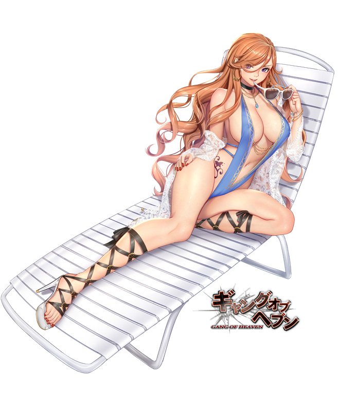 1girl bangs bare_shoulders beach_chair breasts brown_hair choker commentary_request earrings eyebrows_visible_through_hair full_body gang_of_heaven high_heels holding jewelry large_breasts lips logo long_hair looking_at_viewer lying makeup masami_chie nail_polish navel off_shoulder official_art on_side shiny shiny_hair shiny_skin simple_background smile solo sunglasses swimsuit tattoo thighs violet_eyes white_background