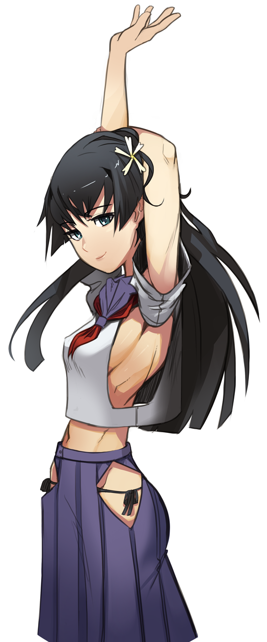 1girl armpit_cutout arms_up black_hair black_panties blue_eyes blue_skirt breasts commission cutout flower hair_flower hair_ornament highres hip_vent long_hair lowleg lowleg_panties medium_breasts no_bra panties perky_breasts pleated_skirt polyle saten_ruiko school_uniform serafuku side-tie_panties sideboob skirt solo standing stretch to_aru_kagaku_no_railgun to_aru_majutsu_no_index underwear white_background