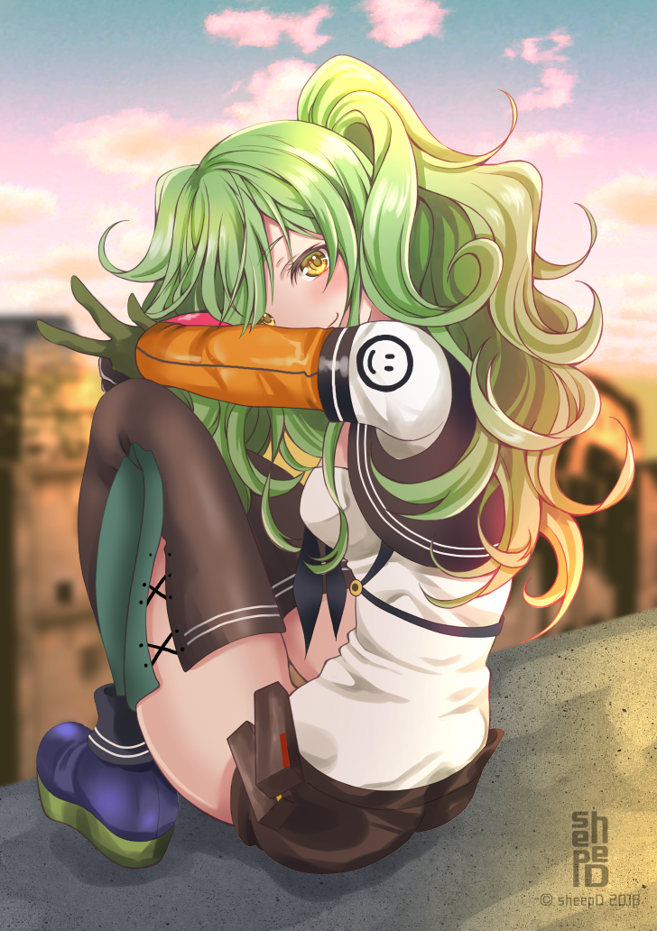 1girl 2018 artist_name bangs black_legwear blue_footwear blue_sky blurry blurry_background blush breasts brown_shorts closed_mouth clouds commentary_request depth_of_field eyebrows_visible_through_hair girls_frontline gloves green_gloves green_hair hair_between_eyes head_tilt long_hair long_sleeves looking_at_viewer looking_to_the_side m950a_(girls_frontline) medium_breasts outdoors sheepd shirt shoes short_shorts shorts sitting sky smile solo sunset thigh-highs twitter_username two_side_up v very_long_hair white_shirt yellow_eyes