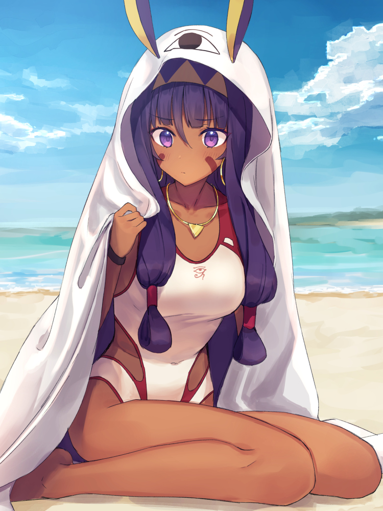 1girl animal_ears bangs bare_legs barefoot beach blue_sky blush breasts casual_one-piece_swimsuit closed_mouth clouds collarbone commentary_request cosplay covered_navel day ears_through_headwear eyebrows_visible_through_hair facial_mark fate/grand_order fate_(series) hair_between_eyes hand_up jackal_ears long_hair medium_breasts medjed medjed_(cosplay) nitocris_(fate/grand_order) nitocris_(swimsuit_assassin)_(fate) ocean one-piece_swimsuit outdoors purple_hair rimo sand sidelocks sitting sky solo swimsuit very_long_hair violet_eyes wariza water white_swimsuit