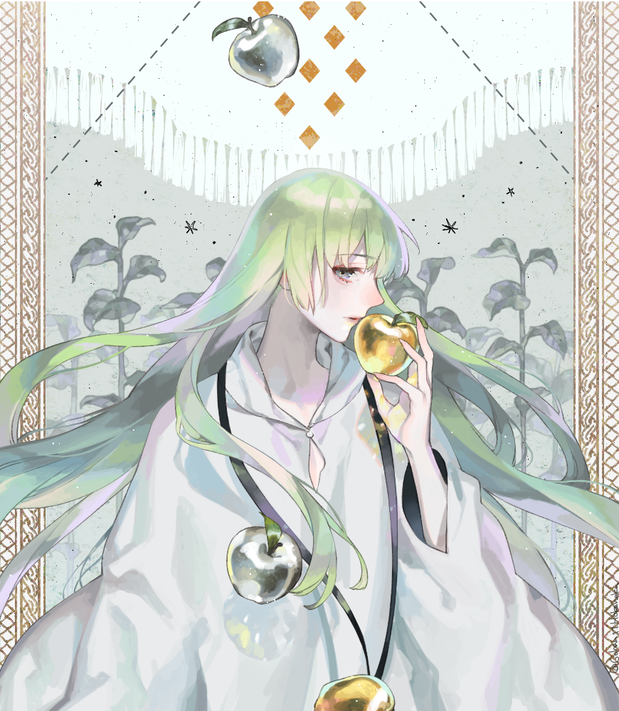 1boy bangs enkidu_(fate/strange_fake) fate/grand_order fate/strange_fake fate_(series) food fruit golden_apple green_hair grey_eyes holding holding_fruit long_hair male_focus pale_skin sara_(kurome1127) silver_apple upper_body white_robe