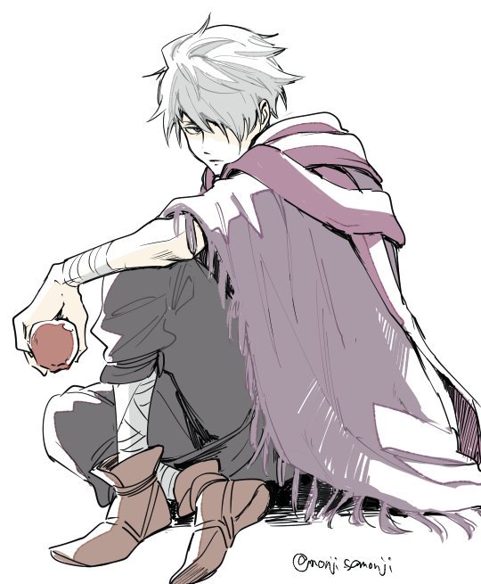 1boy bandage cape gloves hair_over_one_eye looking_at_viewer male_focus monji_samonji octopath_traveler scarf short_hair simple_background solo therion_(octopath_traveler) white_hair