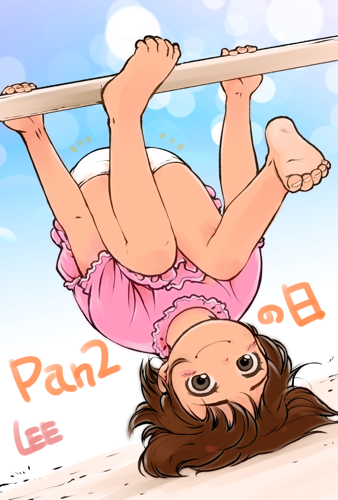 1girl barefoot black_eyes brown_hair child commentary_request feet lee_(colt) looking_at_viewer original panties panties_day short_hair smile soles solo underwear upside-down white_panties