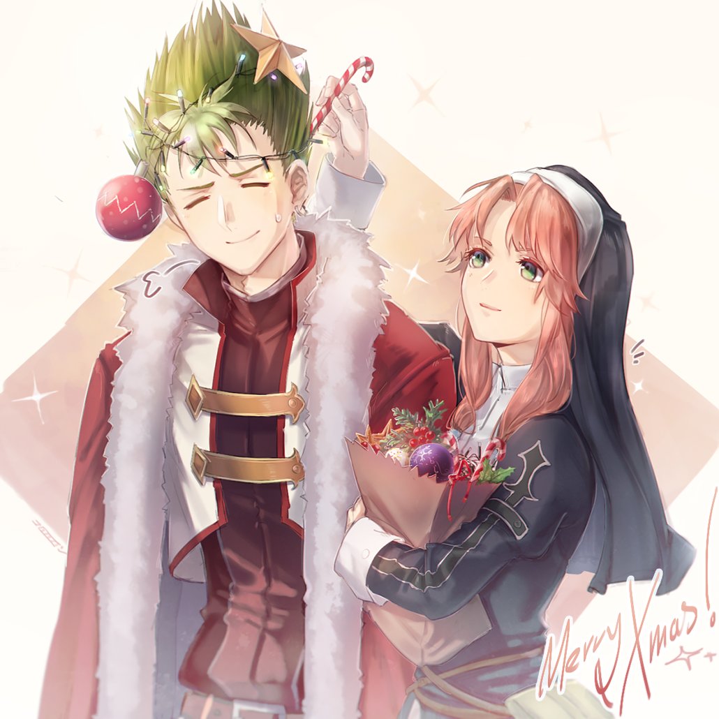 1boy 1girl bag bangs belt candy candy_cane christmas christmas_lights christmas_ornaments closed_eyes cowboy_shot daijanaikedo e eiyuu_densetsu english food fur_trim green_eyes green_hair habit jacket kevin_graham long_hair long_sleeves merry_christmas mistletoe nun orange_hair paper_bag parted_bangs ries_argent santa_costume shirt short_hair sigh sora_no_kiseki spiky_hair star sweatdrop turtleneck