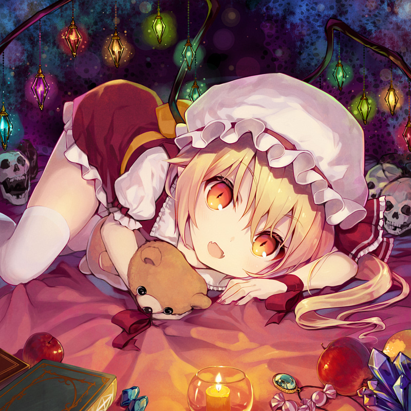 1girl :d apple blonde_hair book candle candy commentary_request crystal dress eyebrows_visible_through_hair fangs feet_out_of_frame flandre_scarlet food frilled_shirt_collar frills fruit gem hair_between_eyes hat hat_ribbon holding holding_stuffed_animal jewelry light_particles looking_at_viewer lying minamura_haruki mob_cap nail_polish open_mouth orange_eyes orange_sash pendant petticoat pointy_ears puffy_short_sleeves puffy_sleeves red_dress red_nails red_ribbon ribbon sash short_sleeves side_ponytail skull smile solo stuffed_animal stuffed_toy teddy_bear thigh-highs thighs touhou white_hat white_legwear wings wrist_ribbon zettai_ryouiki