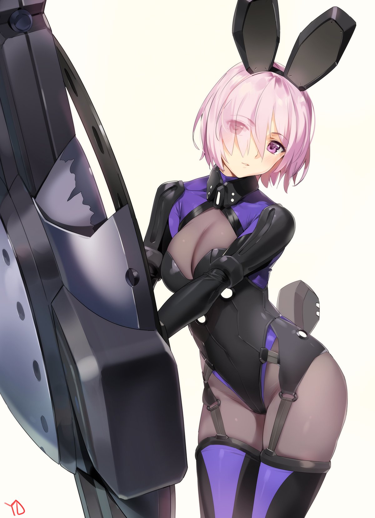 1girl animal_ears black_legwear bodysuit breasts cleavage cleavage_cutout cowboy_shot eyebrows_visible_through_hair eyes_visible_through_hair fake_animal_ears fate/grand_order fate_(series) garter_straps hair_over_one_eye head_tilt highres impossible_bodysuit impossible_clothes large_breasts leotard looking_at_viewer mash_kyrielight parted_lips pink_hair rabbit_ears shield short_hair simple_background solo thigh-highs violet_eyes yang-do