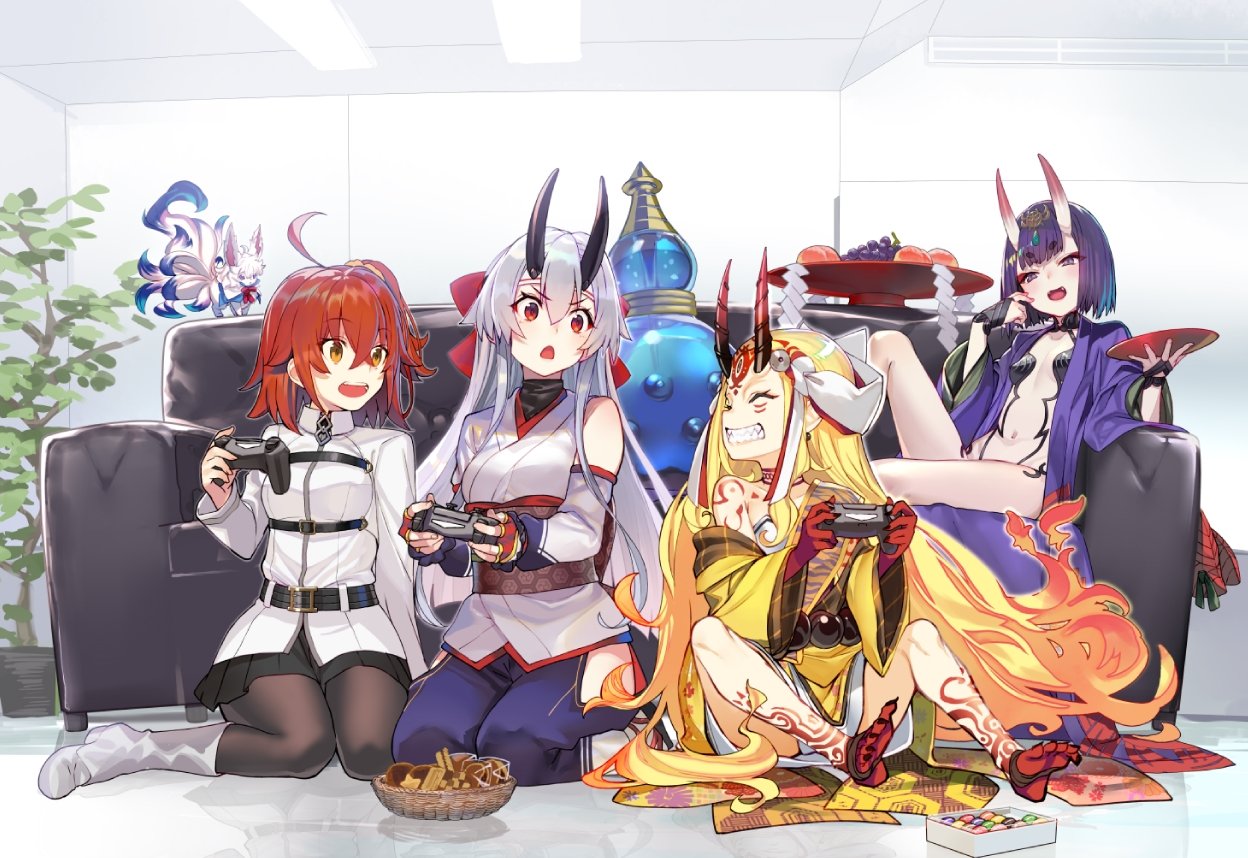 4girls :d ahoge bangs barefoot belt black_legwear black_skirt blonde_hair bob_cut boots bottle breasts candy chaldea_uniform checkerboard_cookie choker closed_eyes controller cookie couch creature cup detached_sleeves eyebrows_visible_through_hair eyelashes facial_mark fangs fate/grand_order fate_(series) fingernails food forehead_mark fou_(fate/grand_order) fruit fujimaru_ritsuka_(female) game_controller gamepad grapes grin hair_ornament hair_ribbon hair_scrunchie holding holding_cup horns ibaraki_douji_(fate/grand_order) indoors jacket japanese_clothes kimono knee_up long_hair long_sleeves looking_at_another looking_at_viewer medium_breasts multiple_girls navel obi oni oni_horns open_mouth orange_hair pants pantyhose peach plant playing_games pleated_skirt potted_plant print_kimono purple_hair red_eyes revealing_clothes ribbon sakazuki sash scrunchie seiza sharp_fingernails sharp_teeth shirabi short_hair shuten_douji_(fate/grand_order) side_ponytail sitting skirt small_breasts smile tattoo teeth tomoe_gozen_(fate/grand_order) v-shaped_eyebrows very_long_hair violet_eyes wariza white_footwear white_hair white_jacket yellow_eyes