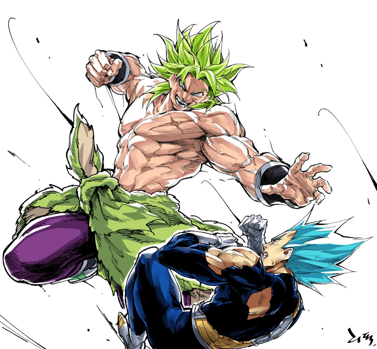 2boys armor battle blank_eyes blue_hair boots broly clenched_hand clenched_hands commentary dragon_ball dragon_ball_super dragonball_z duel evil_smile fingernails gloves green_hair incoming_punch male_focus multiple_boys muscle no_pupils pants profile purple_pants scar shirtless short_hair simple_background smile spiky_hair super_saiyan super_saiyan_blue teeth torn_clothes vegeta white_background white_gloves wristband