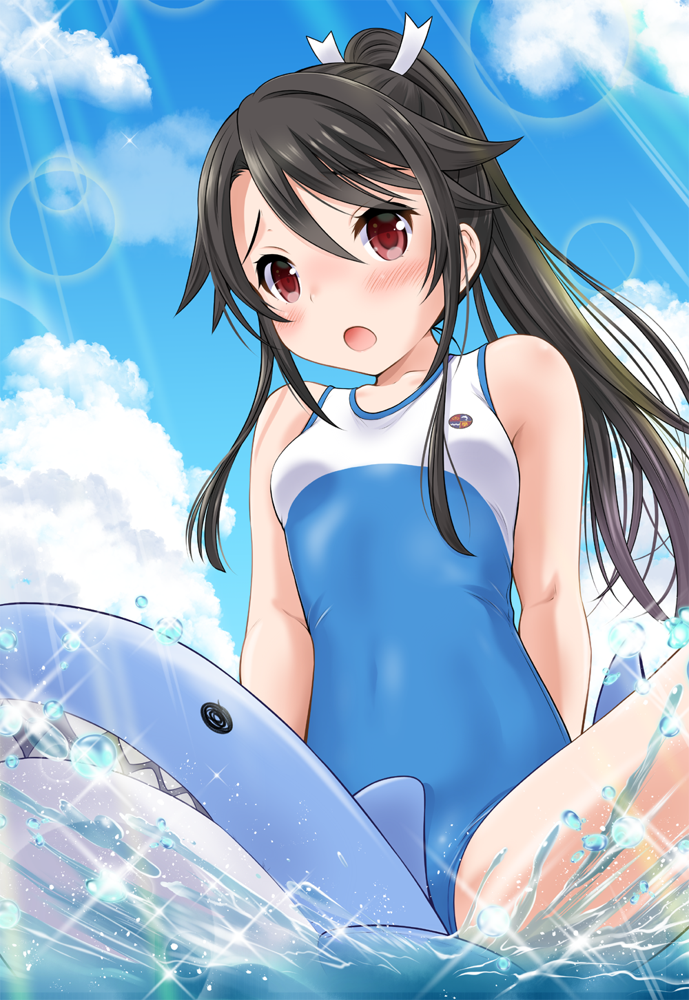1girl :o bangs bare_arms bare_shoulders blue_sky blush breasts brown_hair casual_one-piece_swimsuit clouds collarbone commentary_request day eyebrows_visible_through_hair hair_between_eyes hair_ribbon high_ponytail high_school_fleet highres inflatable_shark inflatable_toy inflation looking_at_viewer medium_breasts munetani_mashiro neko_danshaku one-piece_swimsuit open_mouth outdoors ponytail red_eyes ribbon sitting sky solo swimsuit water white_ribbon