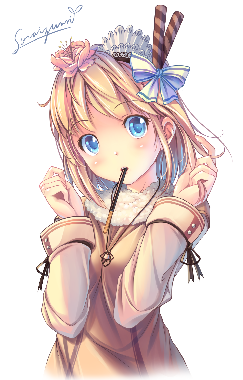 1girl artist_name bangs blonde_hair blue_eyes blush bow eyebrows_visible_through_hair flower food food_in_mouth fur_collar fur_trim hair_bow hair_flower hair_ornament hair_twirling hand_in_hair head_tilt highres jewelry long_sleeves looking_at_viewer necklace original pocky short_hair signature solo soraizumi upper_body w_arms white_background