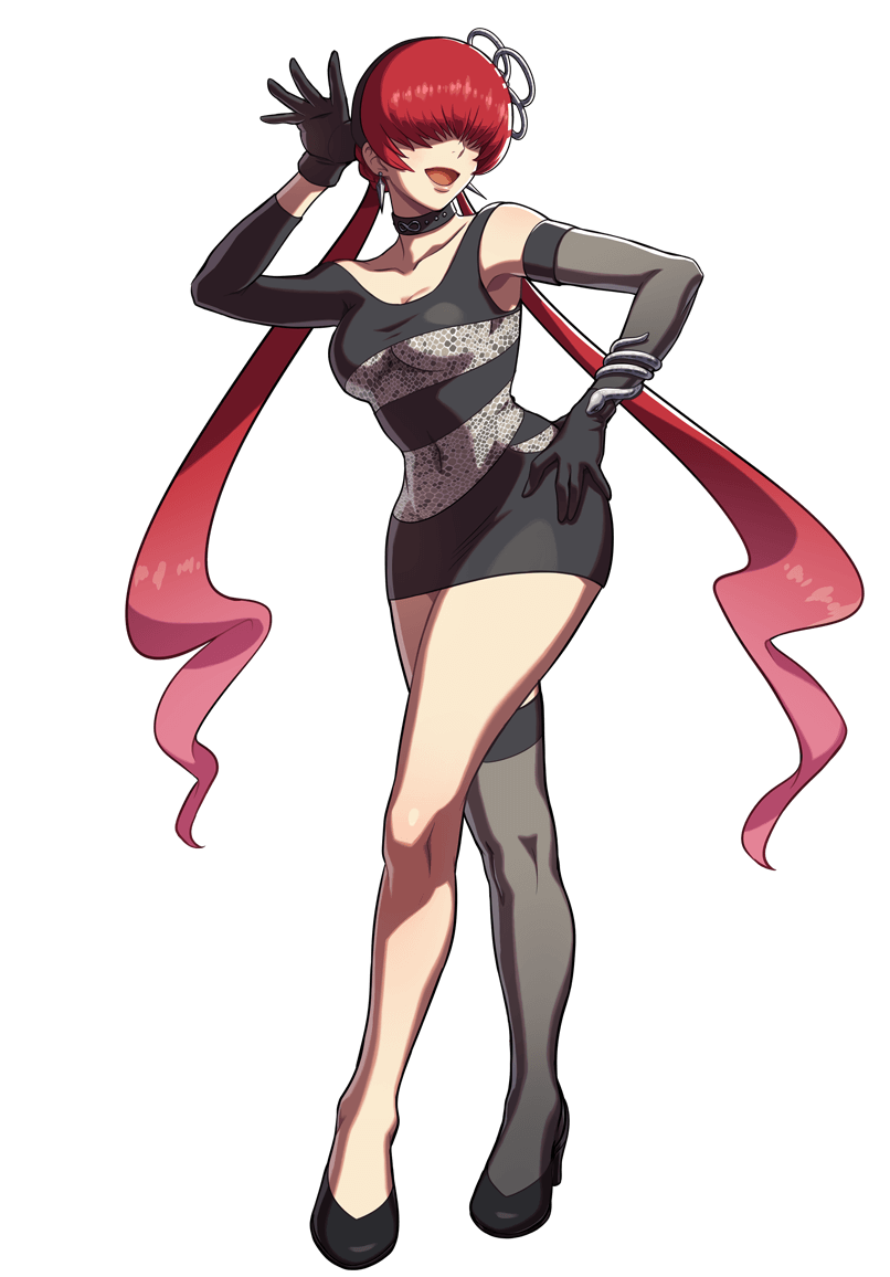 1girl alternate_costume black_dress breasts dress elbow_gloves full_body gloves hair_over_eyes long_hair official_art ogura_eisuke redhead shermie short_dress smile snk snk_heroines:_tag_team_frenzy solo the_king_of_fighters thigh-highs