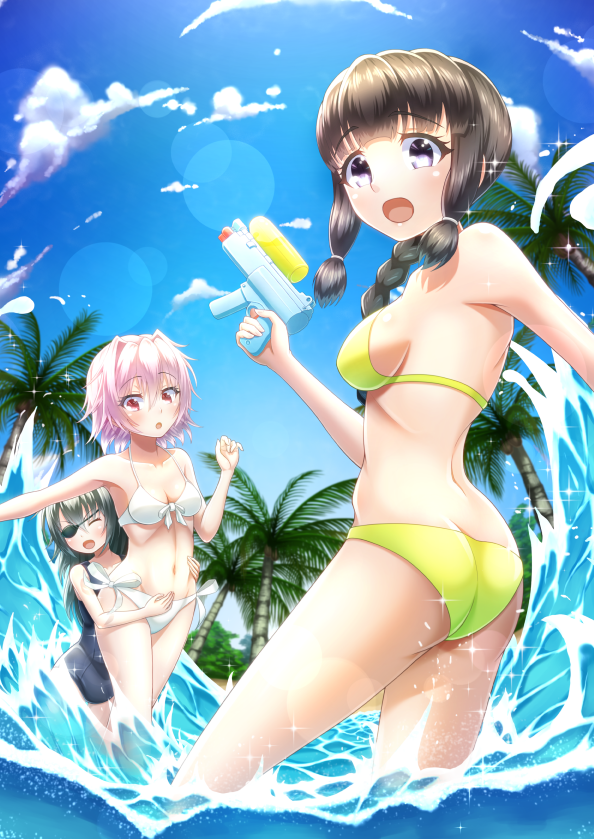 3girls :d ass bangs bare_arms bare_shoulders bikini blue_sky blue_swimsuit blush breasts brown_hair closed_eyes clouds commentary_request day eyebrows_visible_through_hair eyepatch green_bikini green_hair hair_between_eyes hand_up holding kantai_collection kiso_(kantai_collection) kitakami_(kantai_collection) long_hair looking_at_viewer looking_to_the_side medium_breasts multiple_girls one-piece_swimsuit open_mouth outdoors palm_tree parted_lips pink_hair red_eyes sakaki_jin'ya sky smile standing swimsuit tama_(kantai_collection) tree tri_tails very_long_hair violet_eyes water water_gun white_bikini