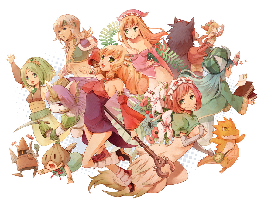 6+girls animal_ears bare_shoulders blonde_hair blue_eyes blue_hair book breasts cleavage collarbone dragon dress elle_(lom) esmeralda_(lom) eyebrows_visible_through_hair eyes_visible_through_hair flameshe flower flower_on_head green_eyes green_hair green_hat hair_flower hair_ornament hairband hat head_wreath headband headgear holding holding_knife horn imu_(lom) jewelry knife large_breasts leg_warmers legend_of_mana lily_(flower) long_hair looking_at_viewer medium_breasts multiple_girls open_mouth robot rocket seiken_densetsu shoulder_armor sideboob sierra simple_background small_breasts smile souichi star toto_(lom) very_long_hair weapon white_flower wolf_boy wolf_ears wolf_girl