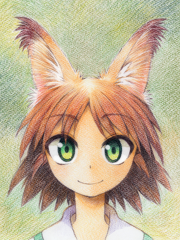 1girl animal_ears brown_hair closed_mouth commentary_request coupy_pencil_(medium) eyebrows_visible_through_hair girls_und_panzer gofu green_background green_eyes looking_at_viewer sakaguchi_karina short_hair smile solo traditional_media upper_body