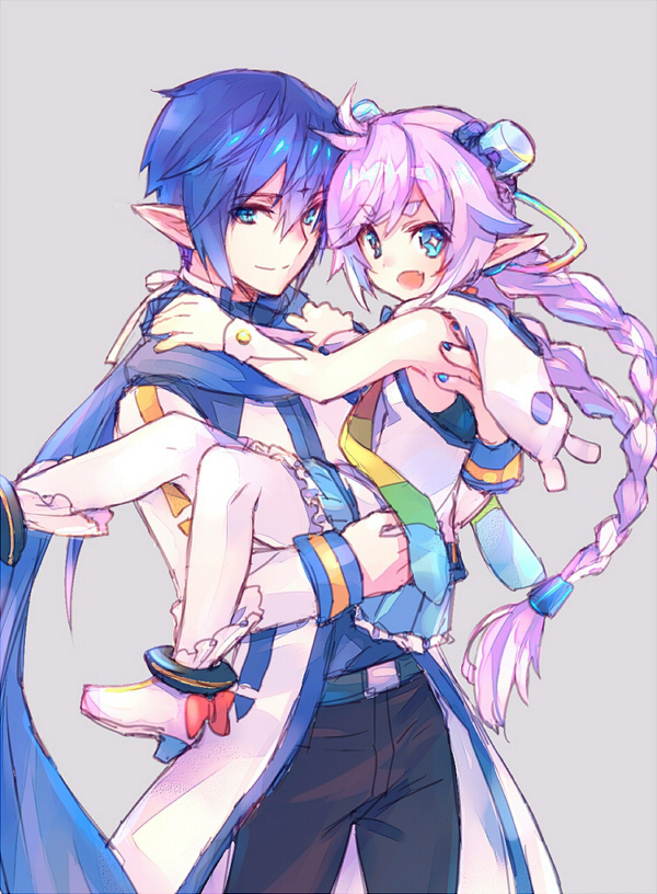 1boy 1girl animal_hood blue_eyes blue_hair braid character_request ciel_(elsword) coat cosplay elsword eyebrows_visible_through_hair holding_person hood kaito luciela_r._sourcream pointy_ears ponytail scarf smile star star-shaped_pupils symbol-shaped_pupils tied_hair twin_braids vocaloid wanko_(takohati8)
