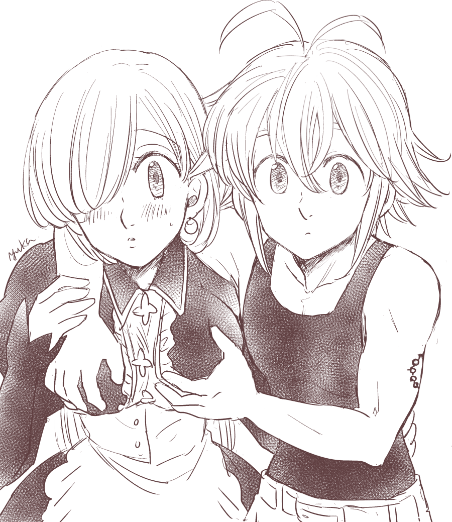 1boy 1girl artist_name bangs bare_shoulders belt blush breasts collarbone dragon_tattoo earrings elizabeth_liones greyscale hair_between_eyes hair_over_one_eye hands_on_another's_chest harumiya jewelry long_hair long_sleeves looking_at_viewer maid medium_breasts meliodas monochrome nanatsu_no_taizai parted_lips shoulder_tattoo tattoo upper_body