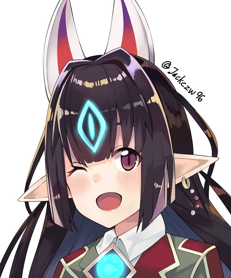 1girl animal_ears black_hair blush fox_mask j@ck kasane_(xenoblade) long_hair looking_at_viewer mask one_eye_closed open_mouth pointy_ears red_eyes school_uniform simple_background smile solo white_background xenoblade_(series) xenoblade_2