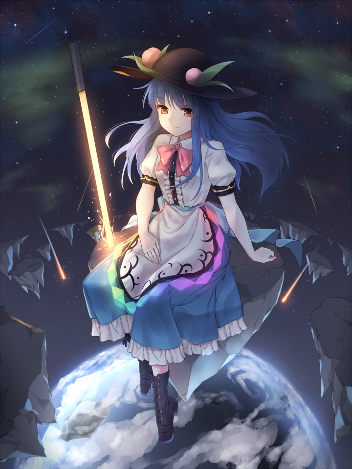 1girl arm_support bangs black_footwear black_hat blouse blue_hair blue_sash blue_skirt boots bow bowtie breasts center_frills clouds commentary_request earth food fruit full_body hat hinanawi_tenshi leaf long_hair looking_at_viewer minust peach petticoat planted_sword planted_weapon puffy_short_sleeves puffy_sleeves red_bow red_eyes red_neckwear rock shooting_star short_sleeves sitting skirt small_breasts smile solo space sword sword_of_hisou touhou weapon white_blouse wing_collar
