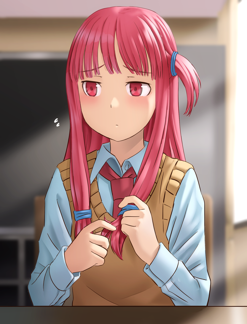 1girl bangs blunt_bangs closed_mouth collared_shirt eyebrows_visible_through_hair flying_sweatdrops frown furrowed_eyebrows hair_twirling indoors kotonoha_akane kurione_(zassou) long_hair long_sleeves necktie one_side_up pink_eyes pink_hair pink_neckwear school_uniform shirt solo straight_hair sweater_vest upper_body voiceroid white_shirt