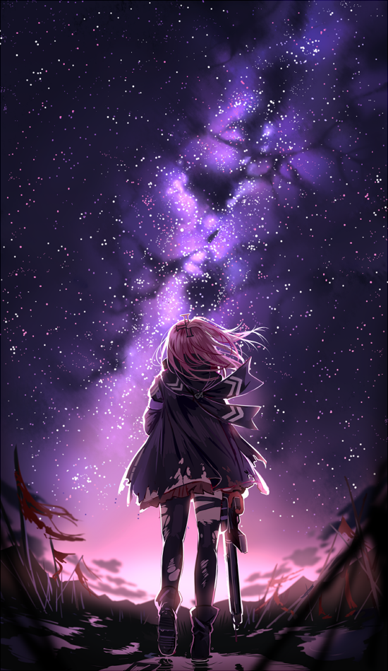 1girl ar-15 asymmetrical_legwear bangs boots digi-mind_update_(girls_frontline) dress from_behind full_body girls_frontline gloves gun hair_ornament holding jacket long_hair mid-stride multicolored_hair night night_sky outdoors pink_hair ponytail rifle scarf sidelocks silence_girl sky solo st_ar-15_(girls_frontline) star_(sky) starry_sky streaked_hair thigh-highs thigh_strap torn_clothes weapon wind wind_lift